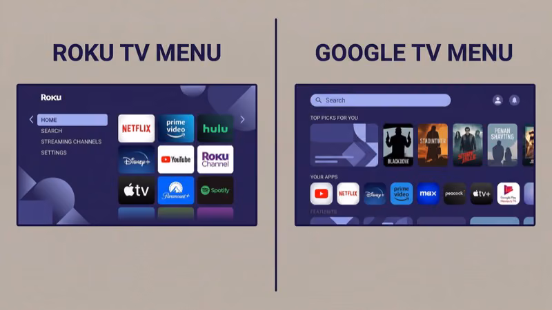 ONN Roku OS home screen compared to Hisense Google TV smart platform interface