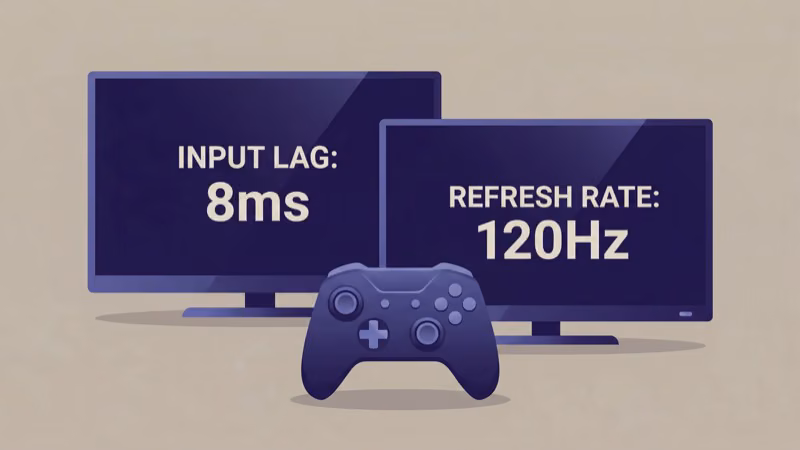 Gaming setup with LG OLED TV showing console connected via HDMI 2.1 for 4K 120Hz