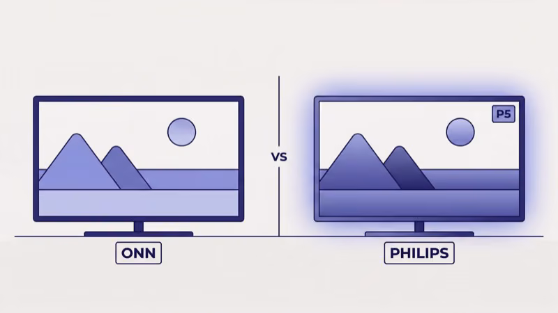 ONN TV with a simple landscape alongside a Philips TV with Ambilight glow and vivid scene