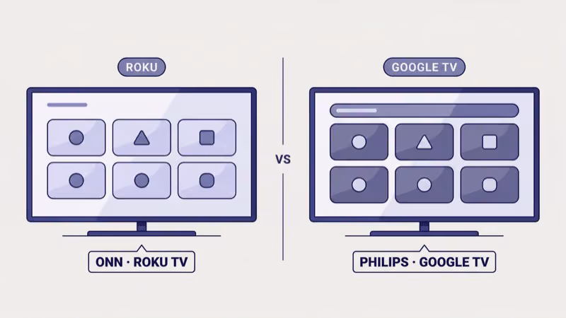Roku TV purple home screen with streaming app tiles next to a Google TV dark home screen