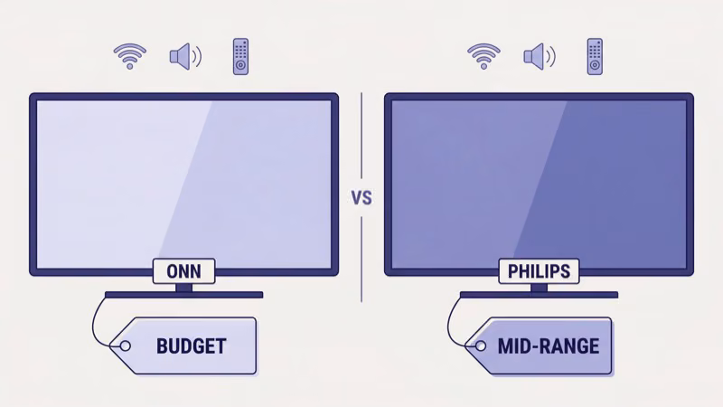 ONN TV with a single dollar sign tag next to a Philips TV with a triple dollar sign tag