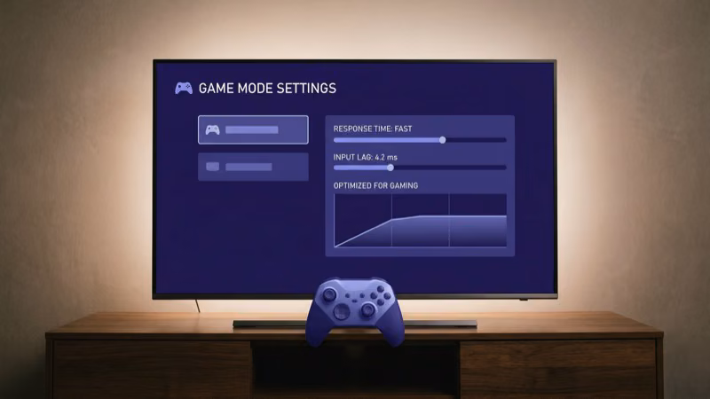 Gaming console connected to a TV showing low-latency game mode settings on screen