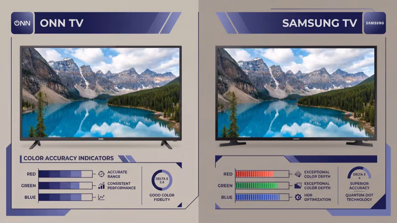 Side-by-side screen comparison showing ONN and Samsung TV picture quality difference