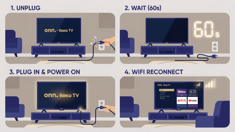 ONN TV and router unplugged simultaneously during 60-second power cycle reset process