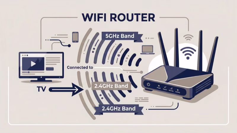 Router admin dashboard showing Wi-Fi channel selection and band steering settings panel