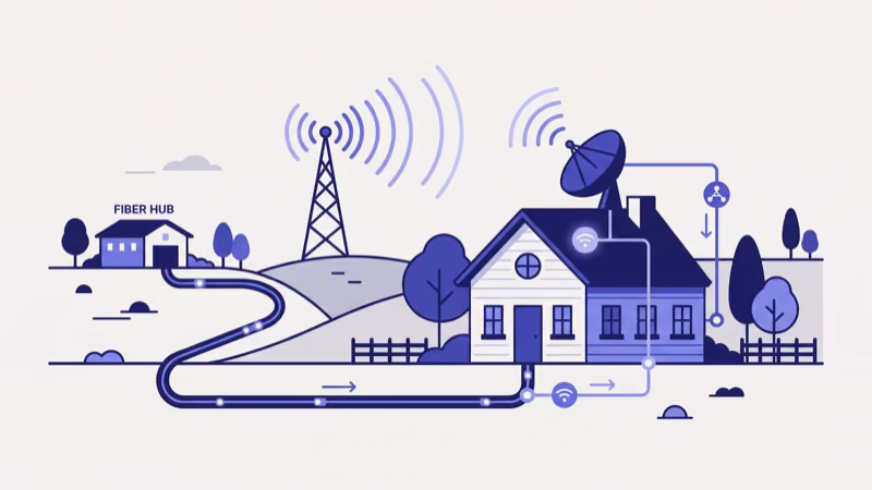 Rural household connecting to live TV via satellite dish or broadband internet