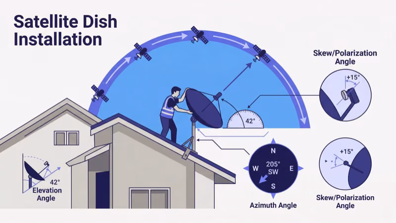 Orby TV satellite dish installation setup on a rural home rooftop