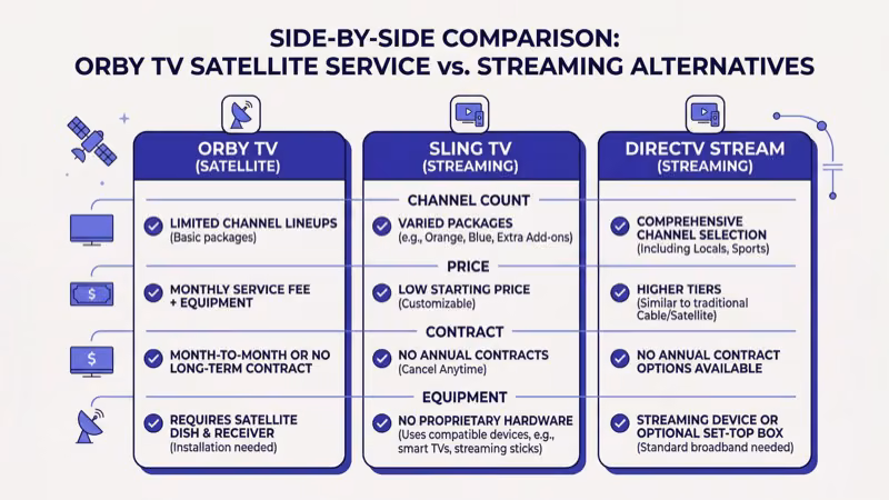 Side-by-side comparison of Orby TV versus modern streaming services like Sling and YouTube TV