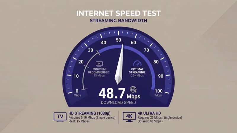 Internet speed test showing bandwidth requirements for streaming