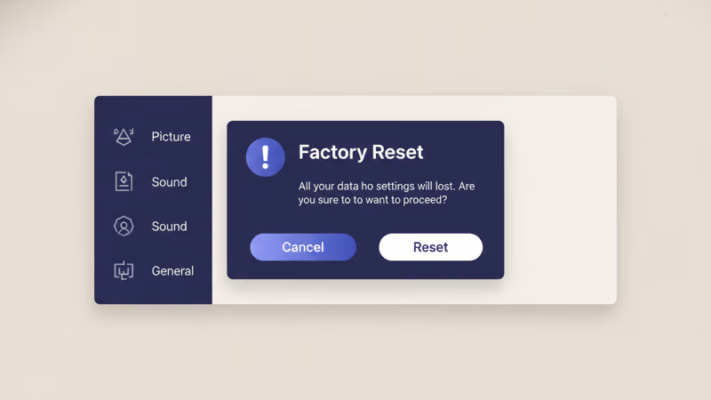 Samsung TV factory reset menu showing Settings General Reset option on Tizen OS