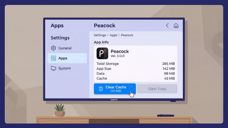 Samsung TV app settings showing Peacock cache and clear button