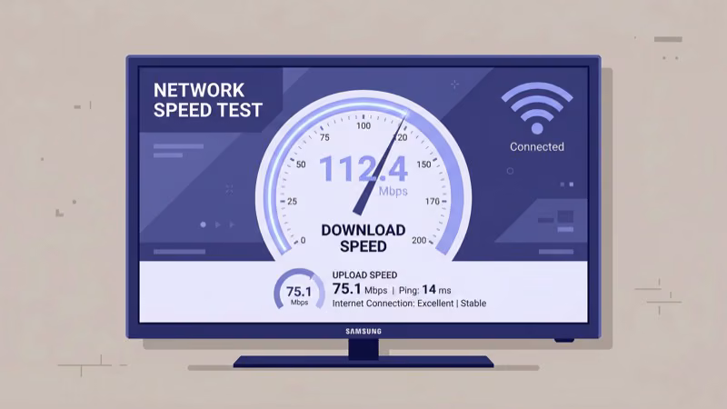 Network speed test gauge on Samsung TV with Mbps reading