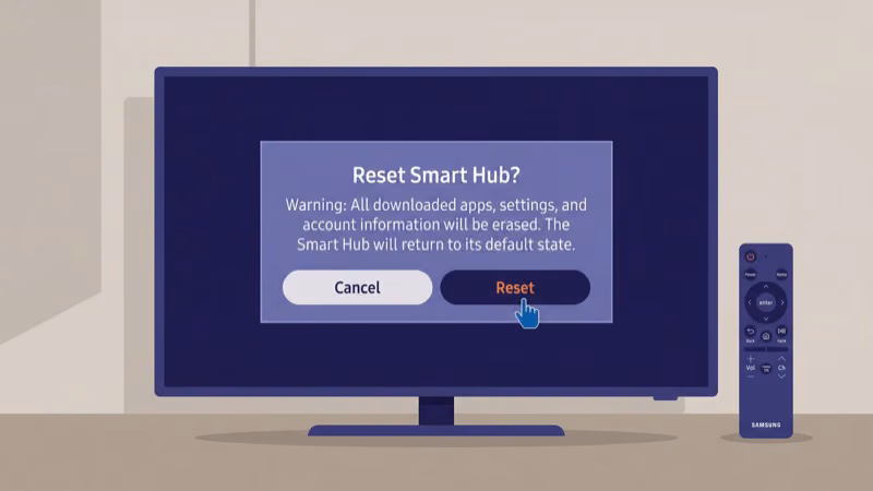 Samsung Smart Hub reset confirmation dialog on TV screen