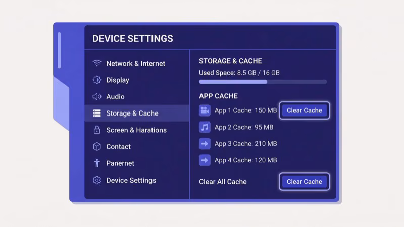 Peacock app cache clearing steps shown on Fire TV Stick settings menu screen