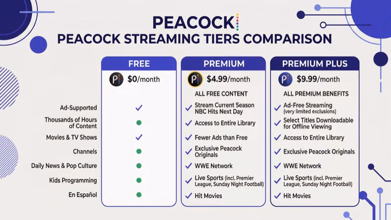 Peacock Premium versus Premium Plus plan pricing and features compared