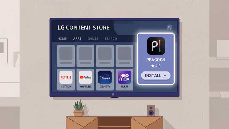LG Content Store search results showing Peacock TV app