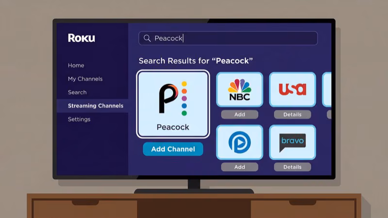 Roku Channel Store search results showing Peacock app download