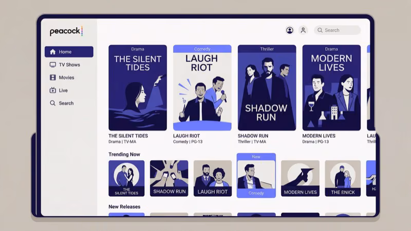 Peacock TV content library browse screen showing NBC shows and Universal films