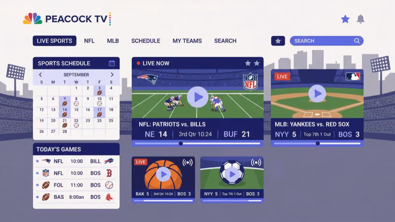 Peacock live sports lineup showing Premier League soccer and NFL Sunday Night Football