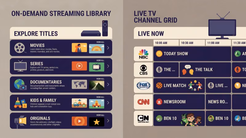 YouTube TV live channels grid compared to Peacock on-demand content library interface