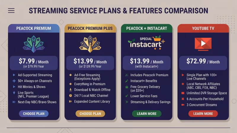 Peacock and YouTube TV subscription pricing tiers displayed side by side for comparison