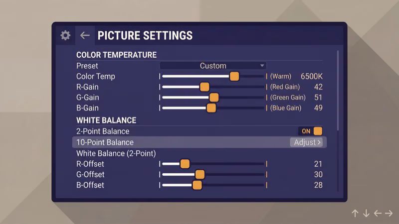 Philips TV Expert Mode color temperature settings menu showing Warm option selected