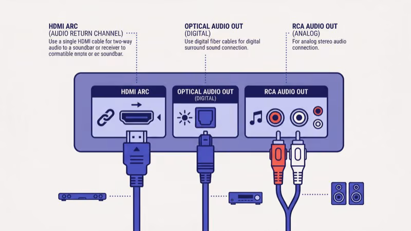 Philips TV rear panel with HDMI ARC and optical cable connection ports labeled