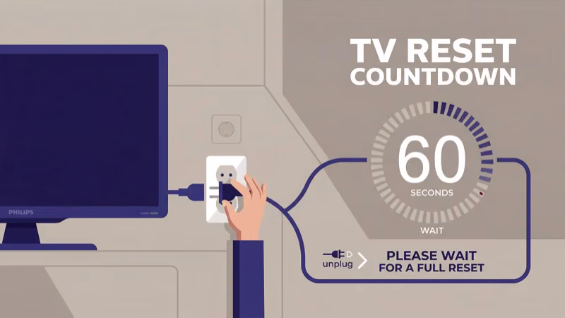 Philips TV power cord unplugged from outlet for reset procedure