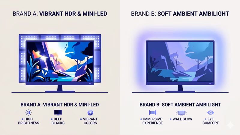 Hisense mini-LED TV with deep contrast next to Philips LED TV with Ambilight glow