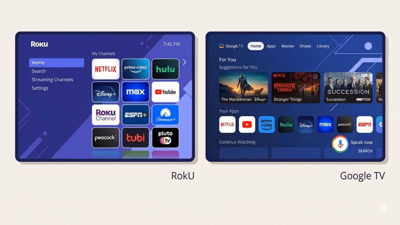 Roku TV clean home screen compared to Google TV app grid interface side by side