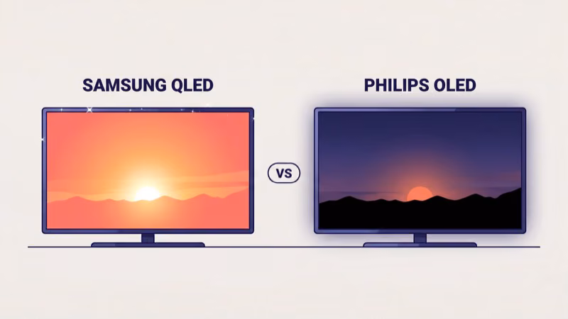 Samsung QLED and Philips OLED TVs side by side showing different landscape scenes