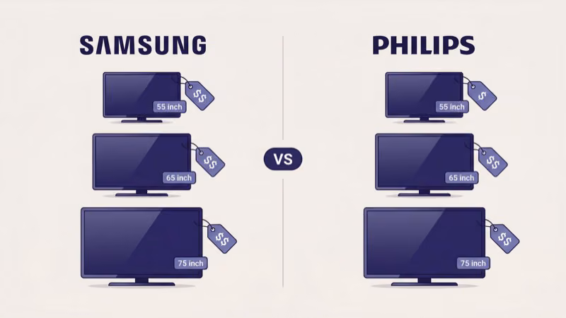 Samsung QLED TV and Philips OLED TV with hanging price tags showing a cost comparison