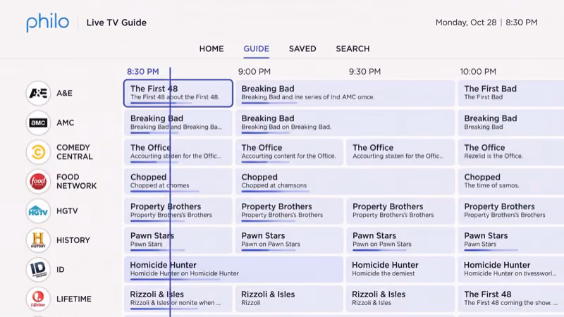 Philo TV channel guide displaying entertainment lifestyle and news network logos