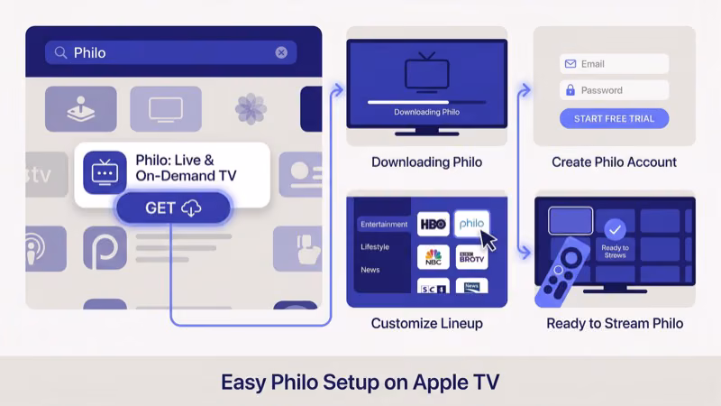 Philo app installation steps on Apple TV App Store download screen