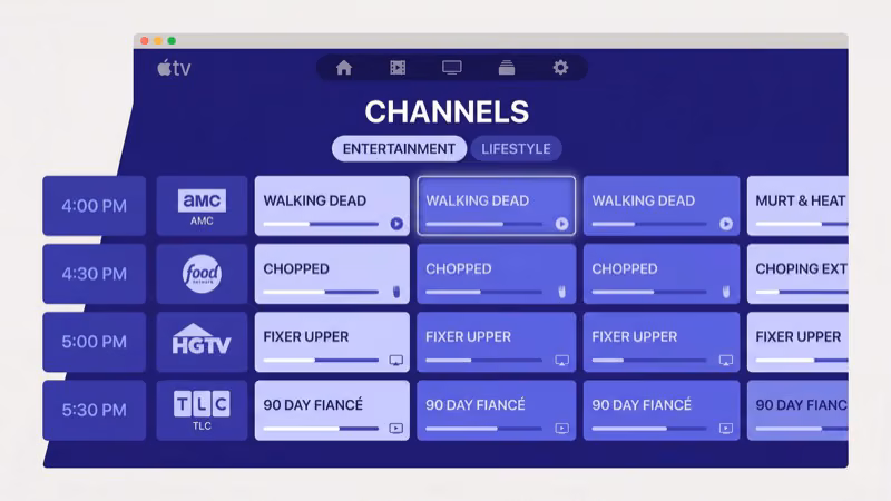 Philo channel lineup on Apple TV showing 70 plus live entertainment channels