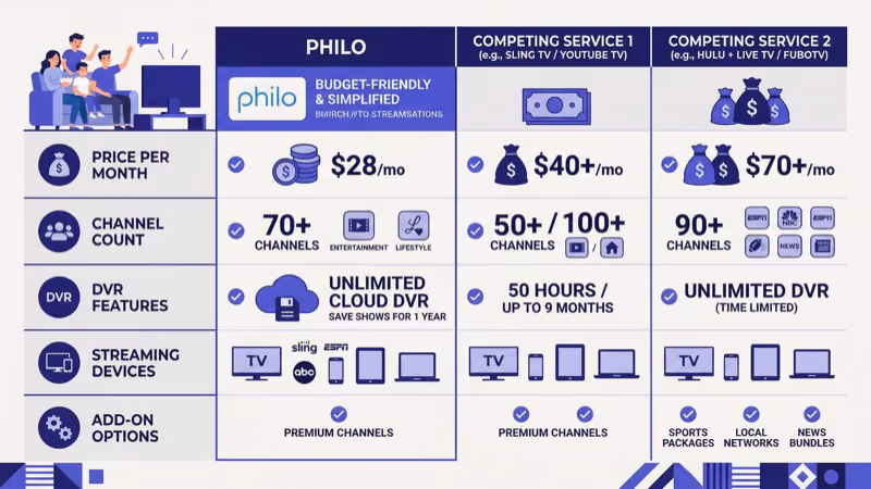 Side by side comparison of Philo versus YouTube TV Sling and fuboTV pricing and features