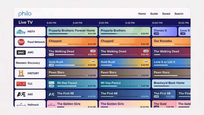 Philo channel lineup on Roku TV showing entertainment lifestyle and kids network categories