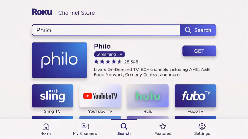 Roku Channel Store search results showing the Philo app with purple logo and add button
