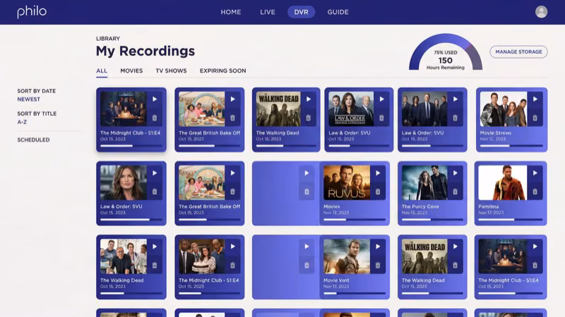Philo DVR recordings library on Roku TV showing saved shows with 12 month retention
