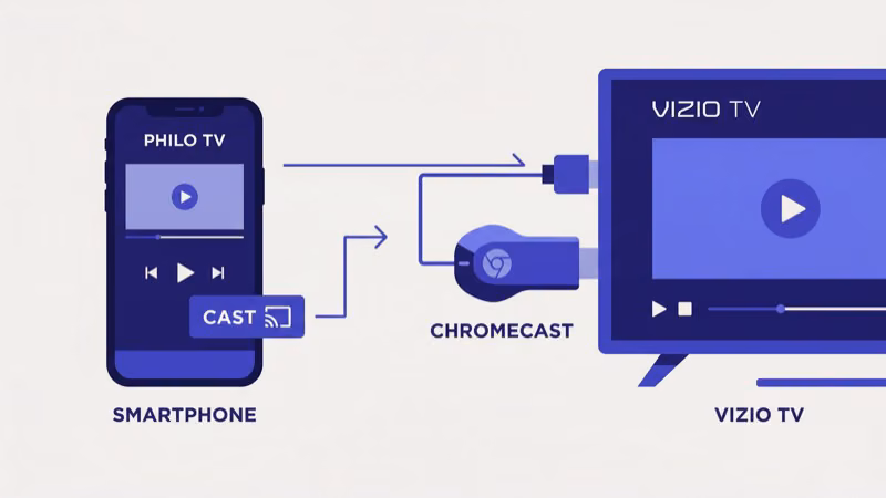 Philo app cast icon selected on smartphone to stream content to Vizio SmartCast TV