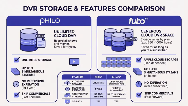 Philo unlimited DVR storage versus fuboTV 1000-hour cap side by side