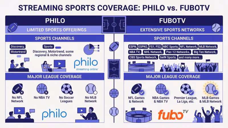 fuboTV sports coverage showing NFL NBA MLB and soccer league networks available