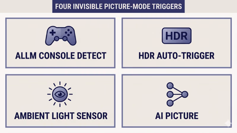 Four invisible picture-mode triggers grid: ALLM console detect, HDR auto-trigger, Ambient Light Sensor, AI Picture