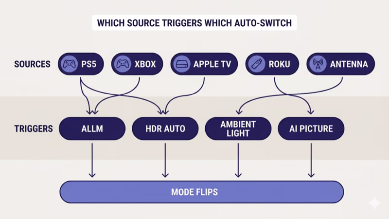 Source-to-trigger flowchart: PS5 / Xbox / Apple TV / Roku / Antenna mapped to ALLM / HDR Auto / Ambient Light / AI Picture, all flowing into Mode Flips