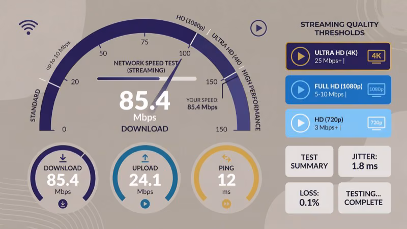 Network speed test dashboard showing streaming bandwidth thresholds
