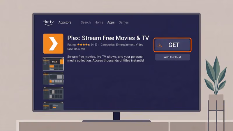Fire TV Stick app store showing Plex app download screen