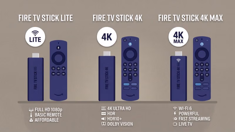 Three Fire TV Stick models compared side by side with specs