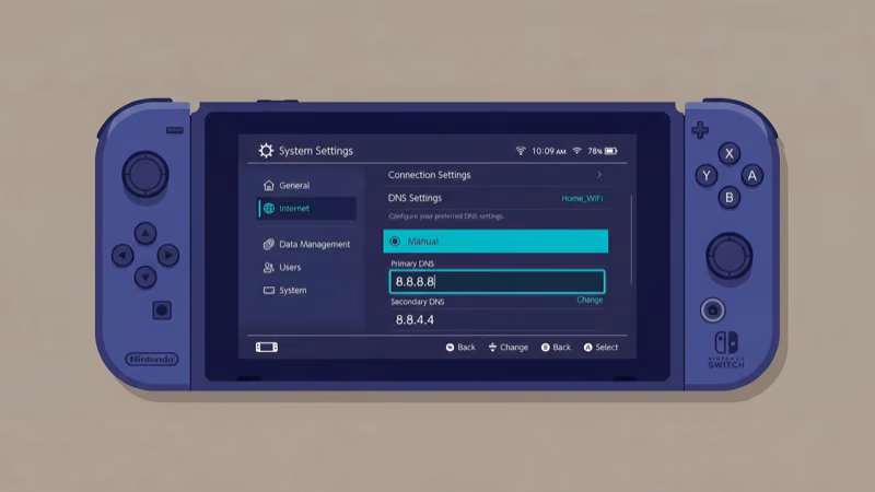 Nintendo Switch internet settings with custom DNS configuration