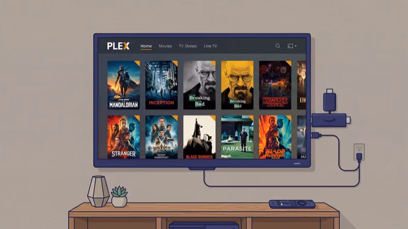 Fire TV Stick connected to TV displaying Plex media library