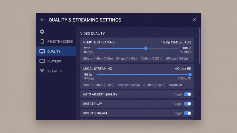 Plex media player quality and streaming bitrate settings panel